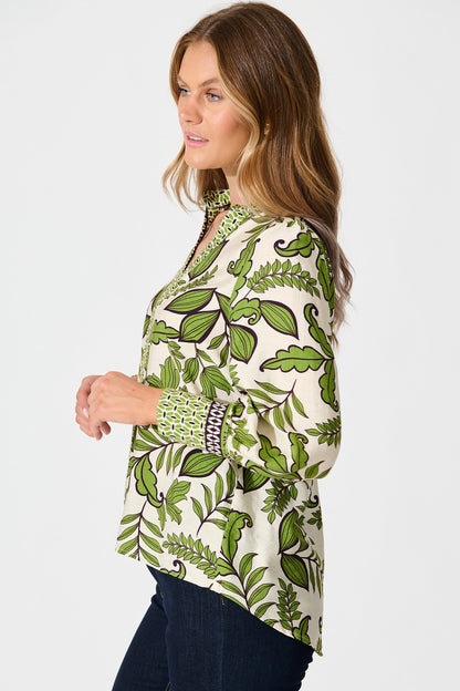 Graceful Top in Cream with Green Leaf
