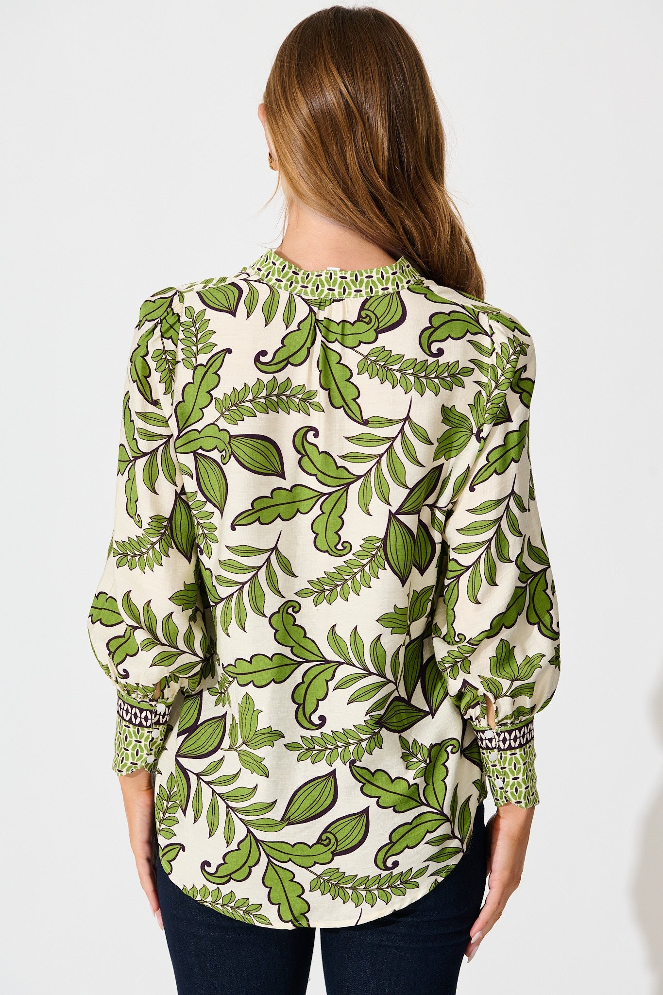 Graceful Top in Cream with Green Leaf