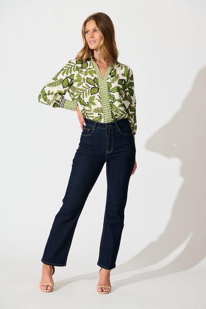 Graceful Top in Cream with Green Leaf