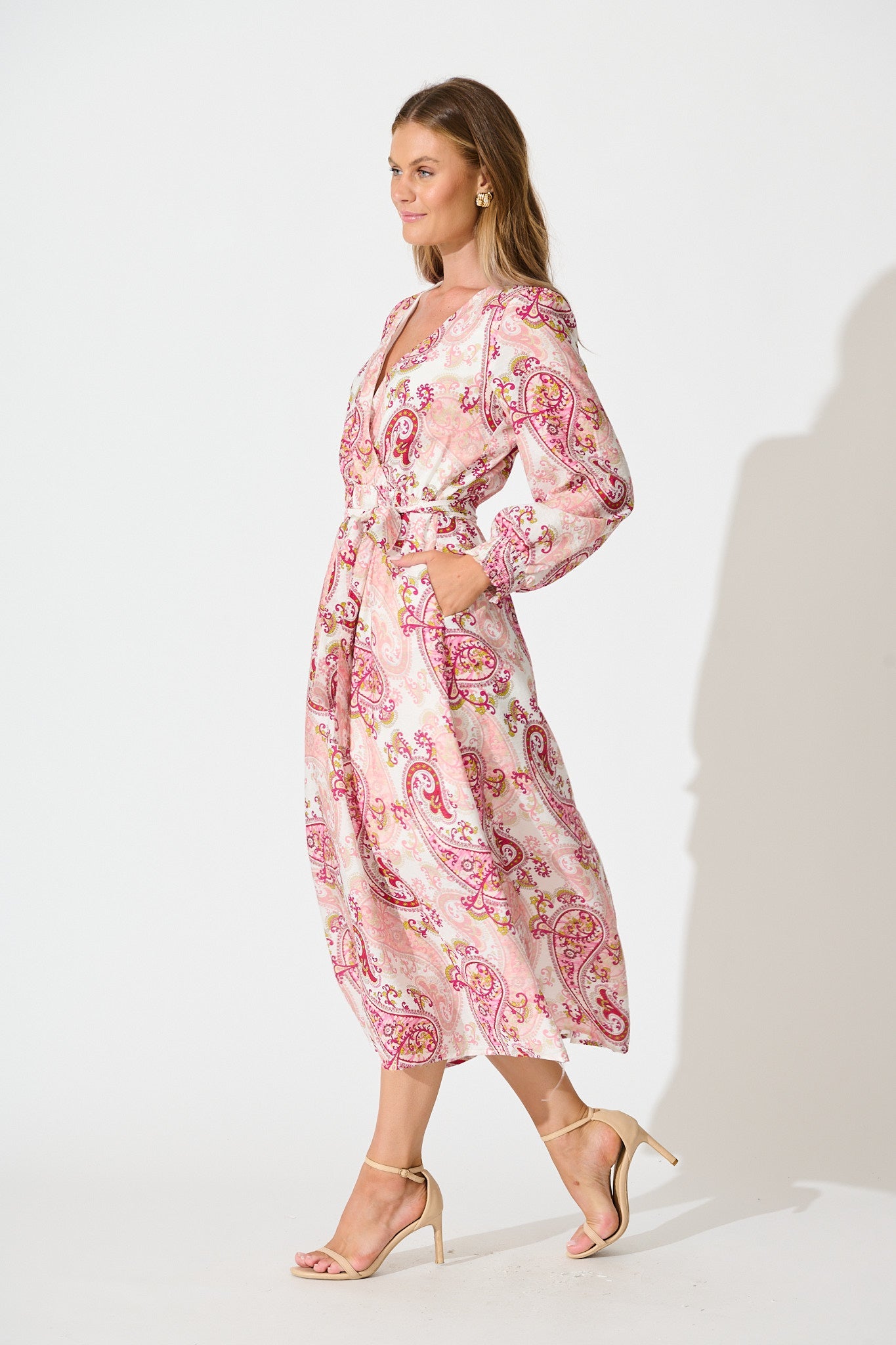 Eliza Maxi Dress in White with Pink Leaf Print