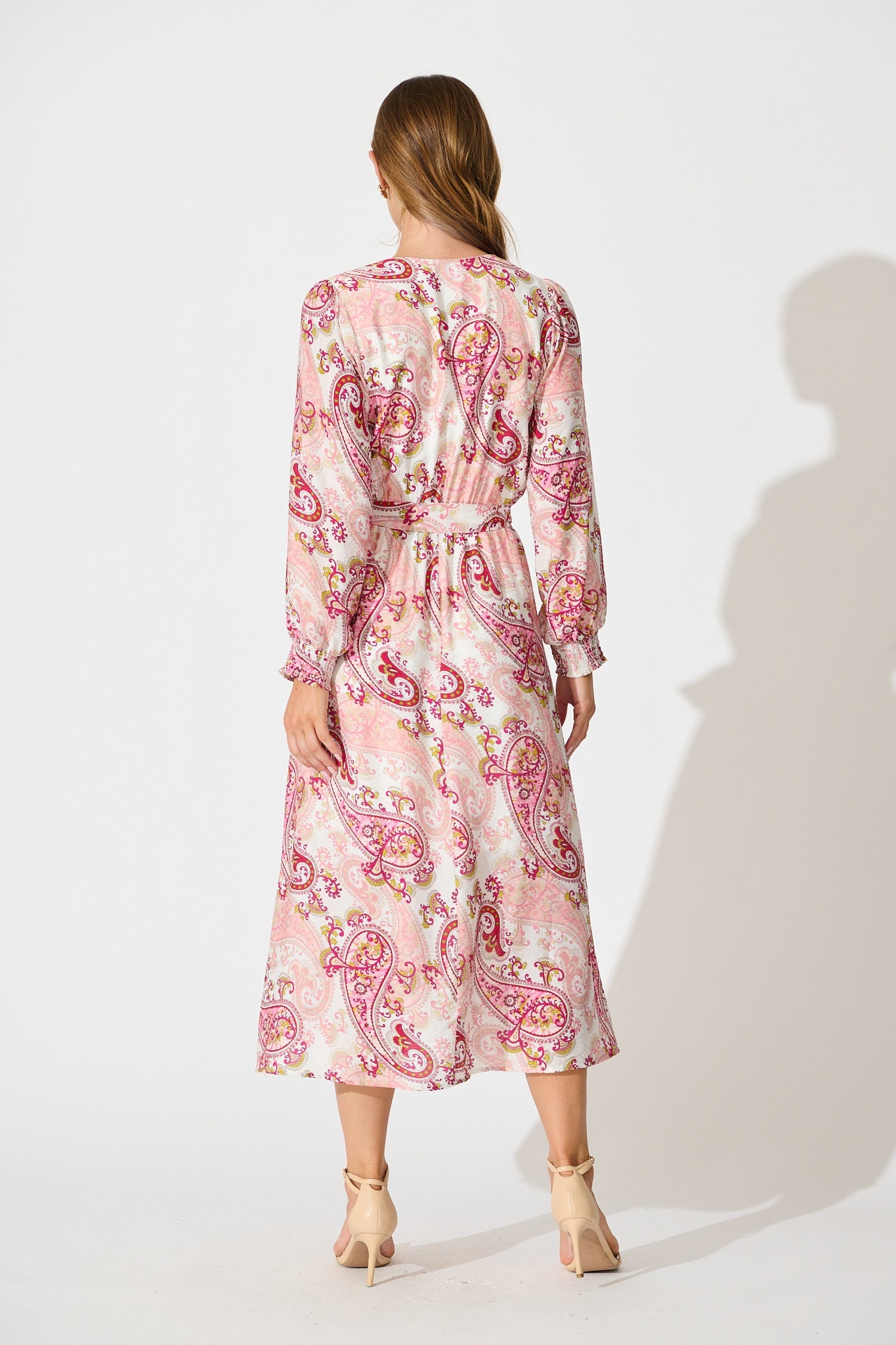 Eliza Maxi Dress in White with Pink Leaf Print