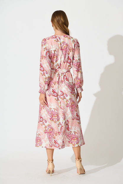 Eliza Maxi Dress in White with Pink Leaf Print