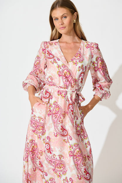 Eliza Maxi Dress in White with Pink Leaf Print