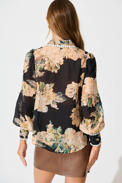 Lynelle Shirt in Black Floral with White Contrast Trim