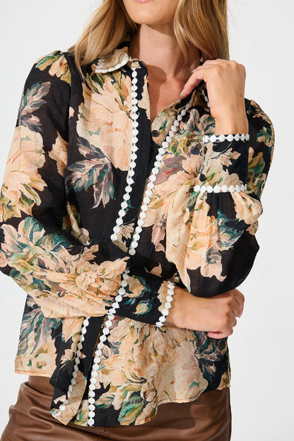 Lynelle Shirt in Black Floral with White Contrast Trim