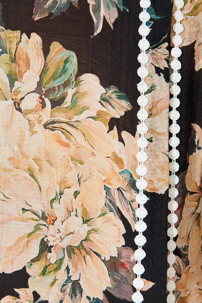 Lynelle Shirt in Black Floral with White Contrast Trim