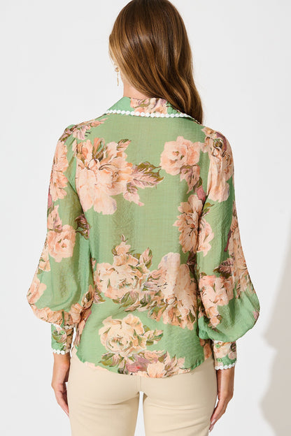 Lynelle Shirt in Green Floral with White Contrast Trim