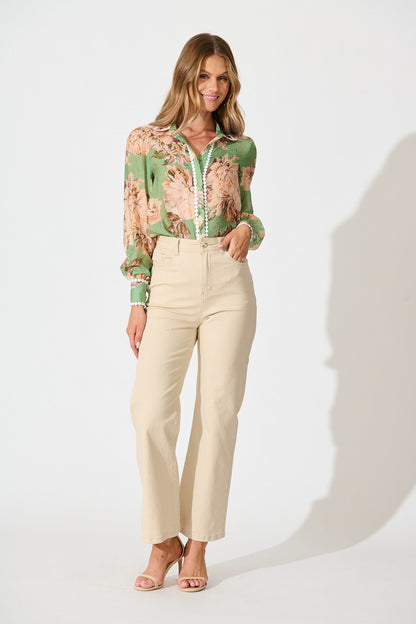 Lynelle Shirt in Green Floral with White Contrast Trim