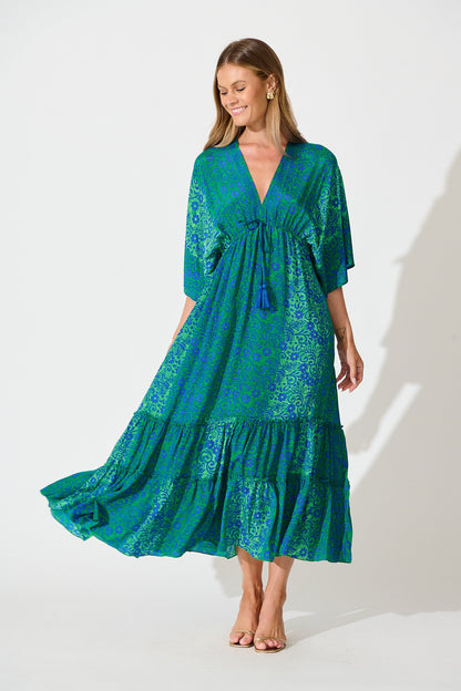 Admire You Maxi Dress in Green with Blue Floral