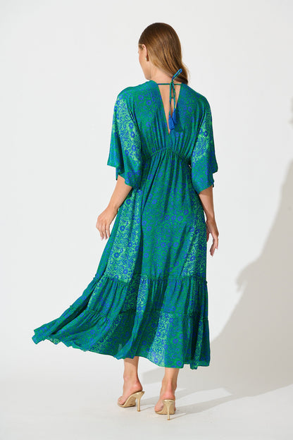 Admire You Maxi Dress in Green with Blue Floral