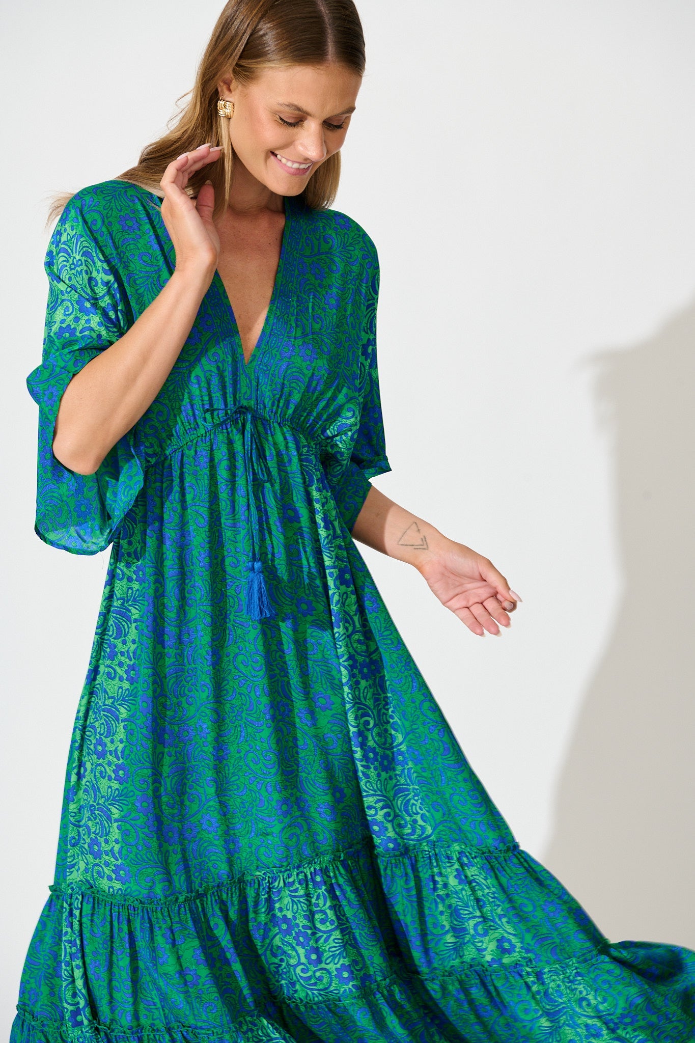 Admire You Maxi Dress in Green with Blue Floral