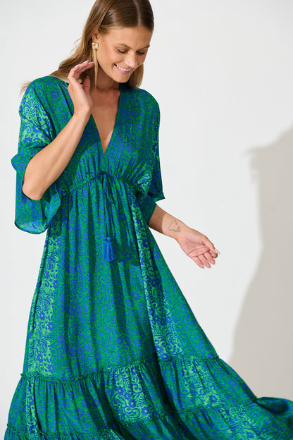 Admire You Maxi Dress in Green with Blue Floral
