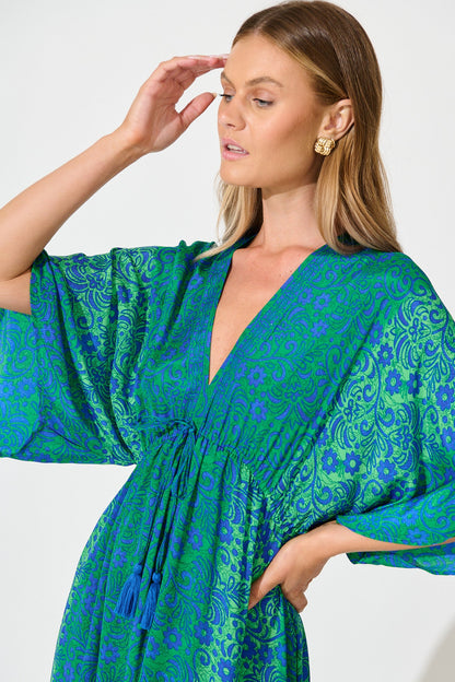 Admire You Maxi Dress in Green with Blue Floral