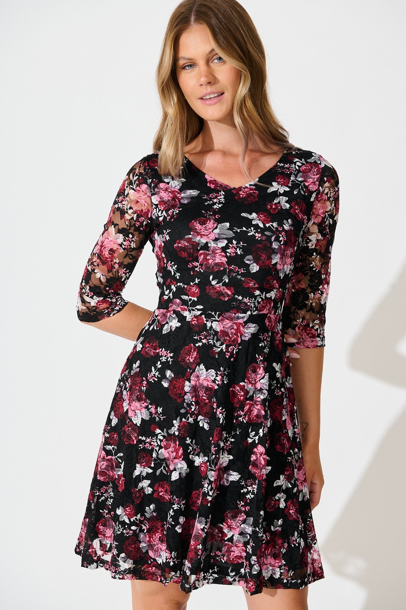 Loula Dress in Black with Multi Red Floral