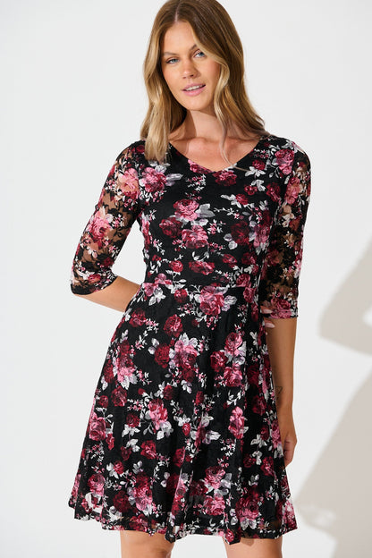 Loula Dress in Black with Multi Red Floral