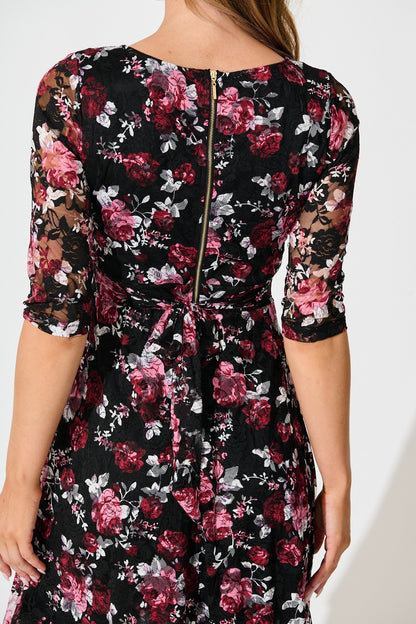 Loula Dress in Black with Multi Red Floral