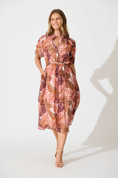 Cici Midi Dress in Rust Leaf Print