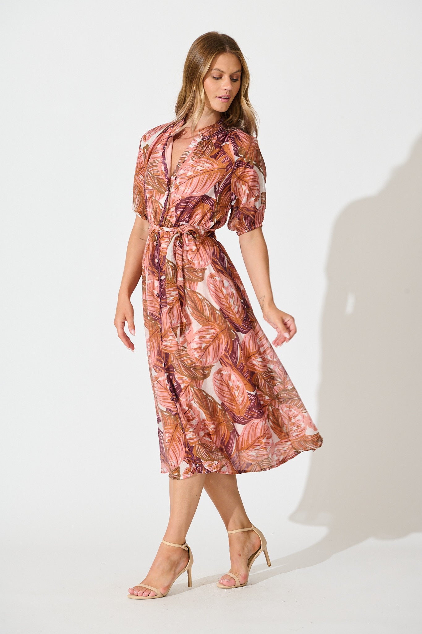Cici Midi Dress in Rust Leaf Print