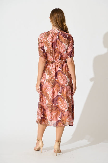 Cici Midi Dress in Rust Leaf Print