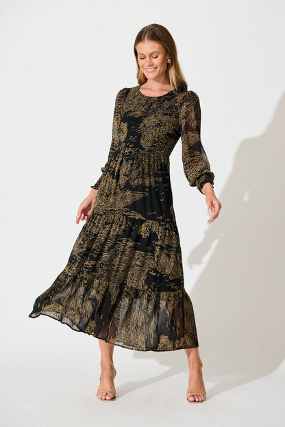 Taking The Lead Maxi Dress in Black with Brown Print Chiffon
