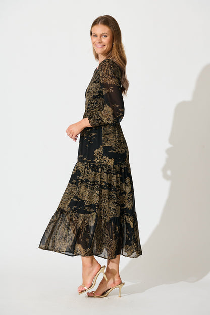 Taking The Lead Maxi Dress in Black with Brown Print Chiffon