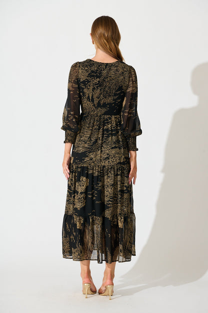 Taking The Lead Maxi Dress in Black with Brown Print Chiffon