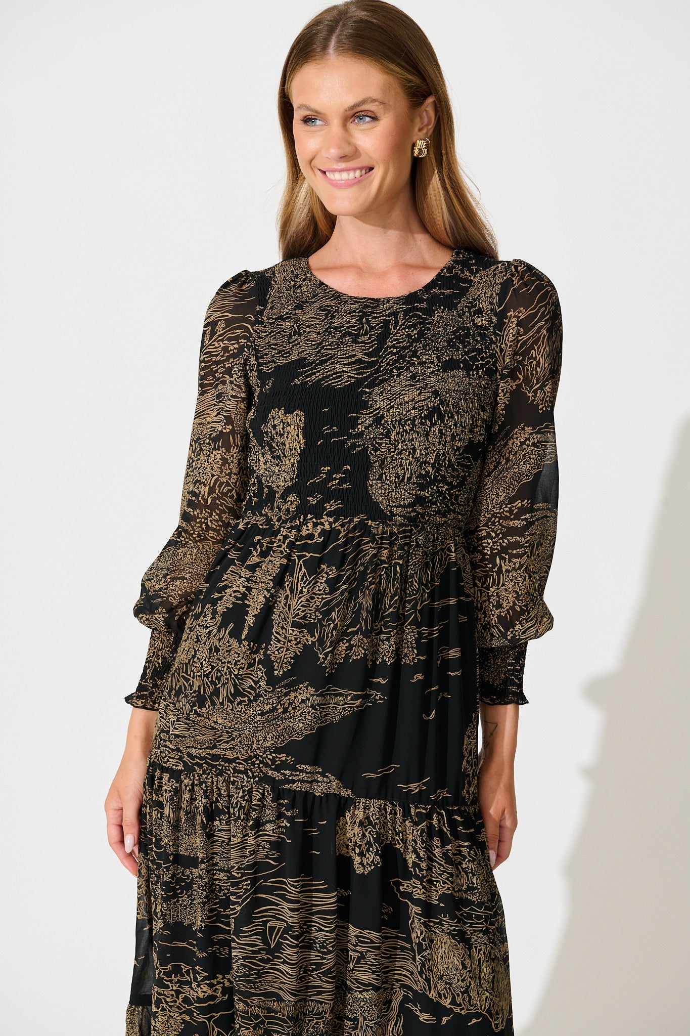 Taking The Lead Maxi Dress in Black with Brown Print Chiffon