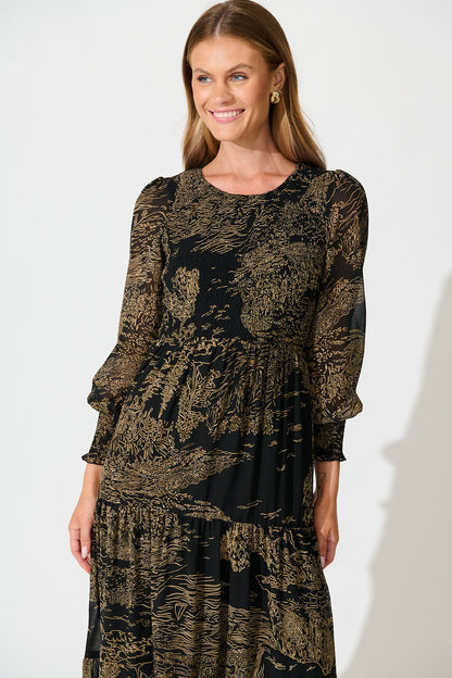 Taking The Lead Maxi Dress in Black with Brown Print Chiffon