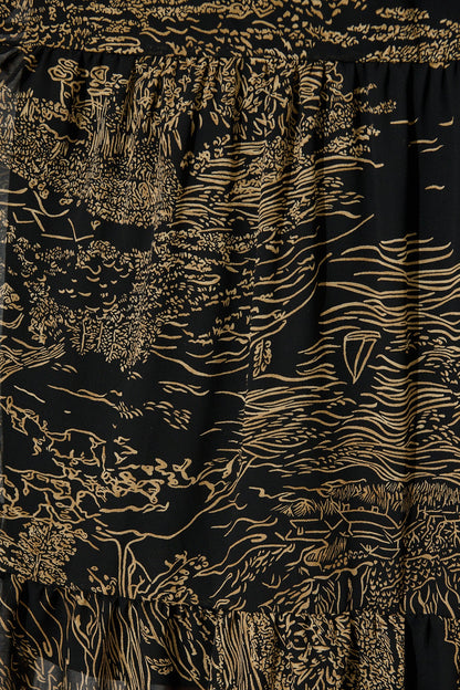 Taking The Lead Maxi Dress in Black with Brown Print Chiffon