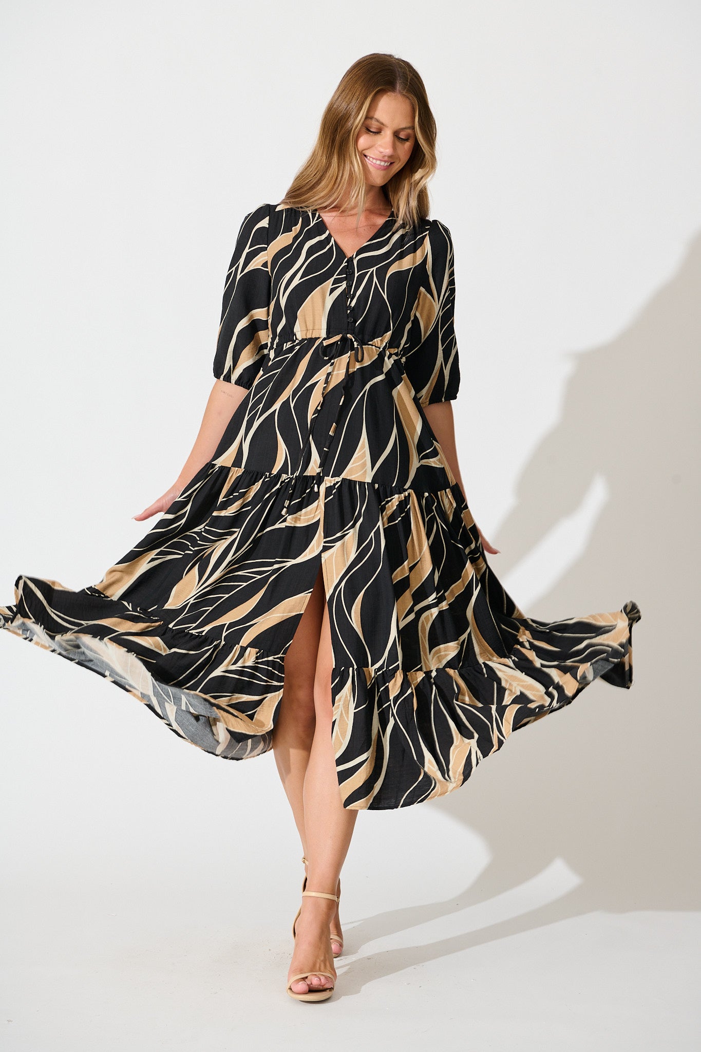 Danielle Midi Dress in Black with Neutral Print