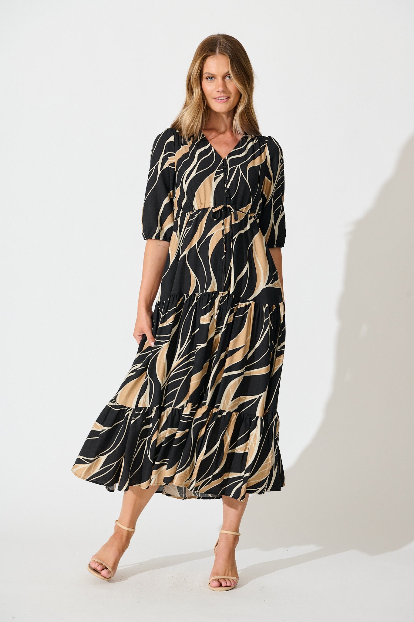 Danielle Midi Dress in Black with Neutral Print
