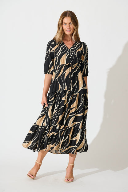 Danielle Midi Dress in Black with Neutral Print
