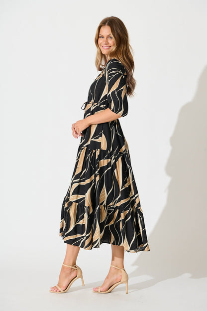 Danielle Midi Dress in Black with Neutral Print