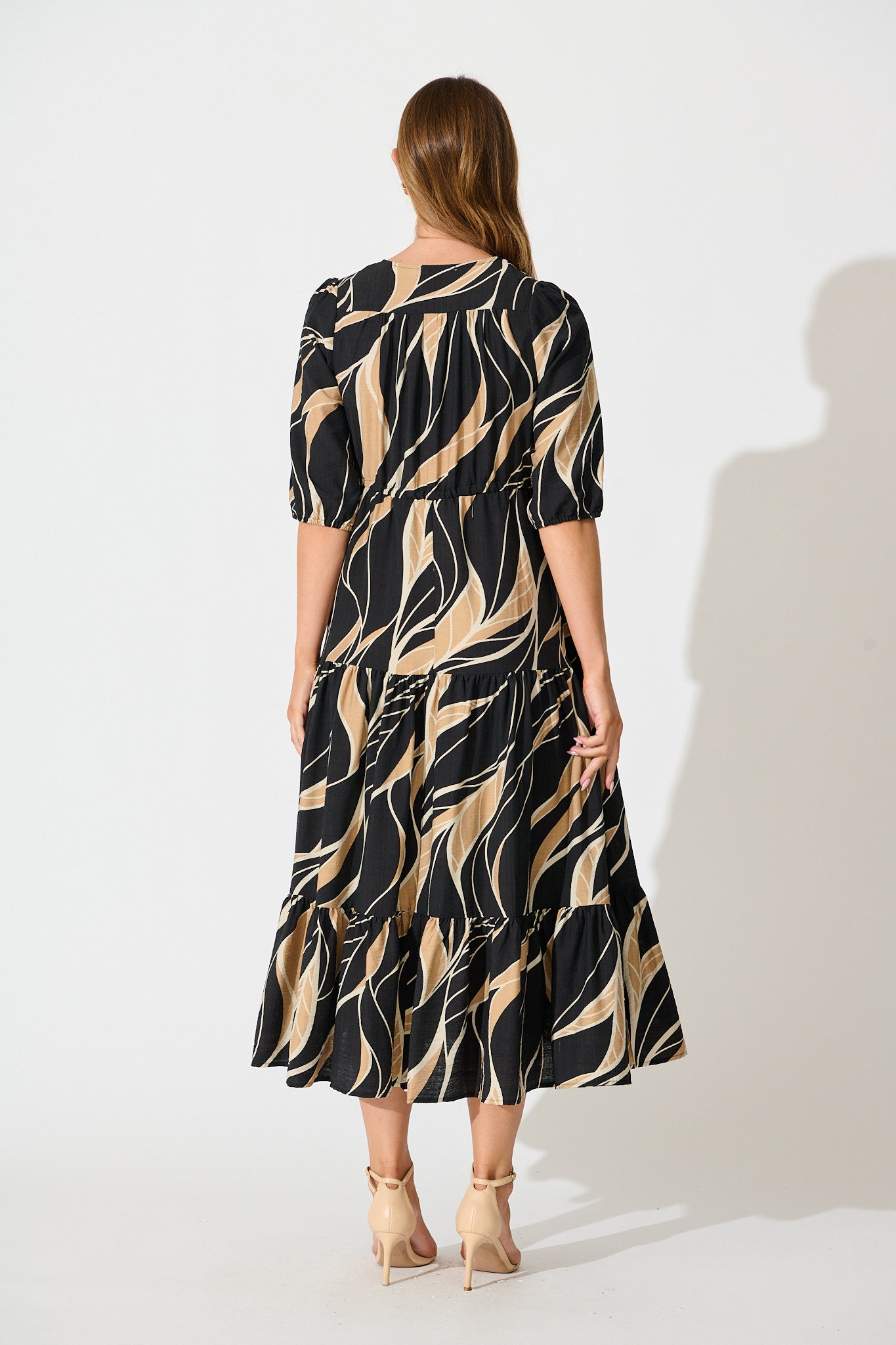 Danielle Midi Dress in Black with Neutral Print