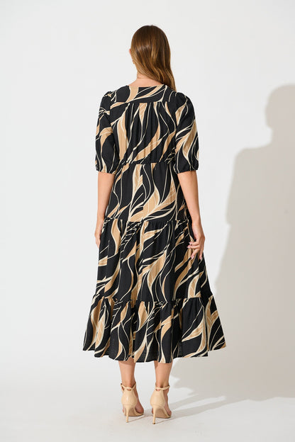 Danielle Midi Dress in Black with Neutral Print