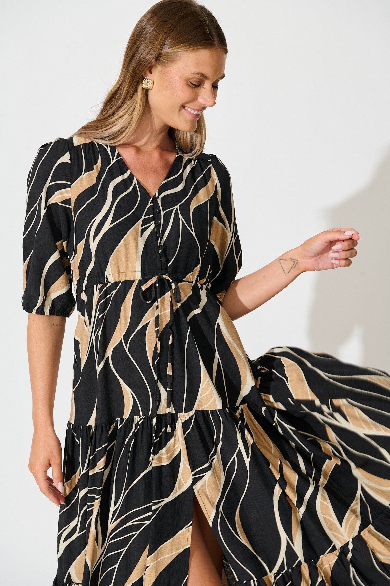 Danielle Midi Dress in Black with Neutral Print