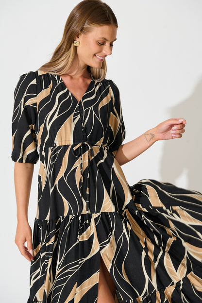 Danielle Midi Dress in Black with Neutral Print