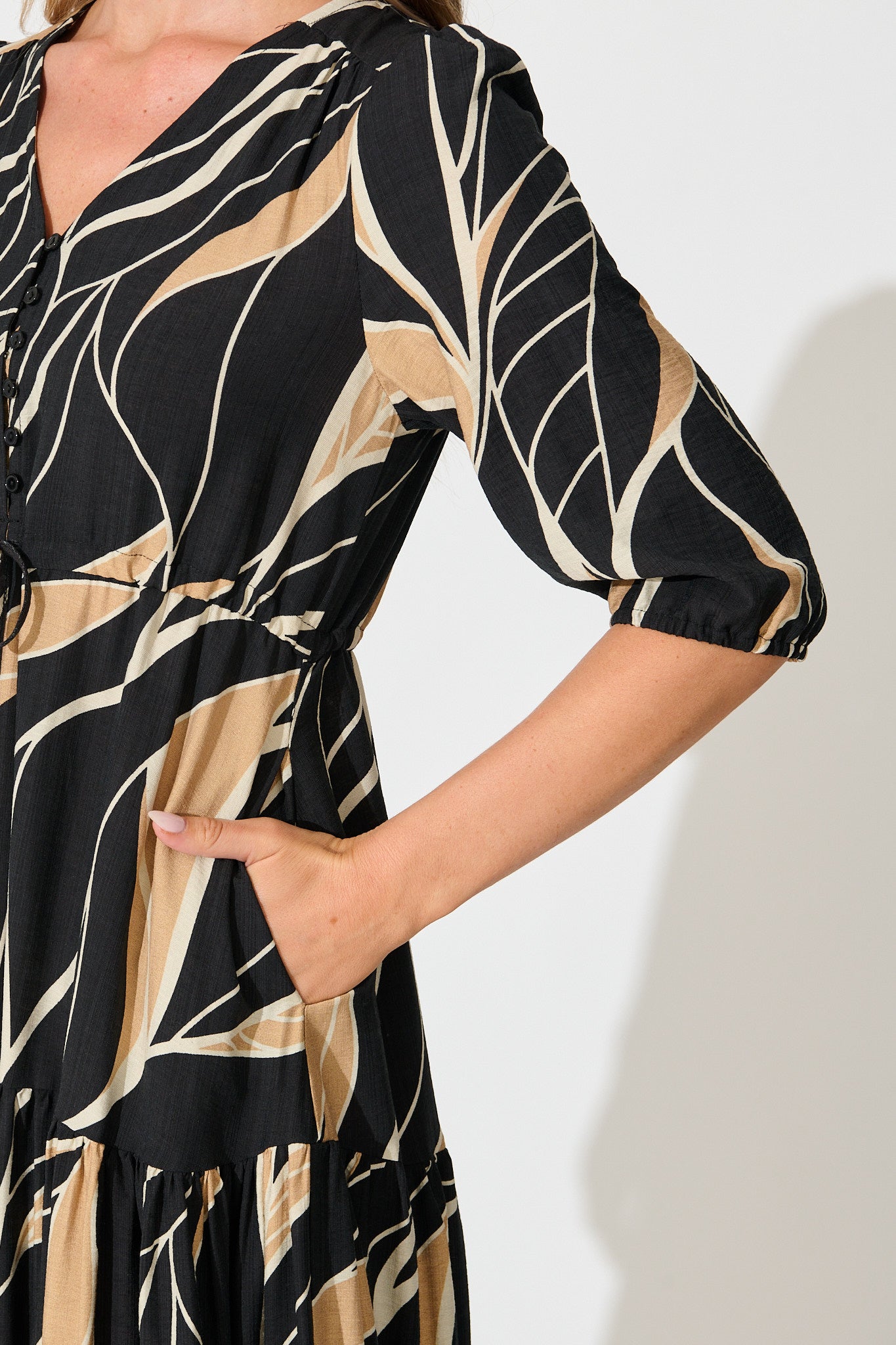 Danielle Midi Dress in Black with Neutral Print