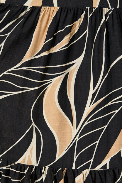 Danielle Midi Dress in Black with Neutral Print