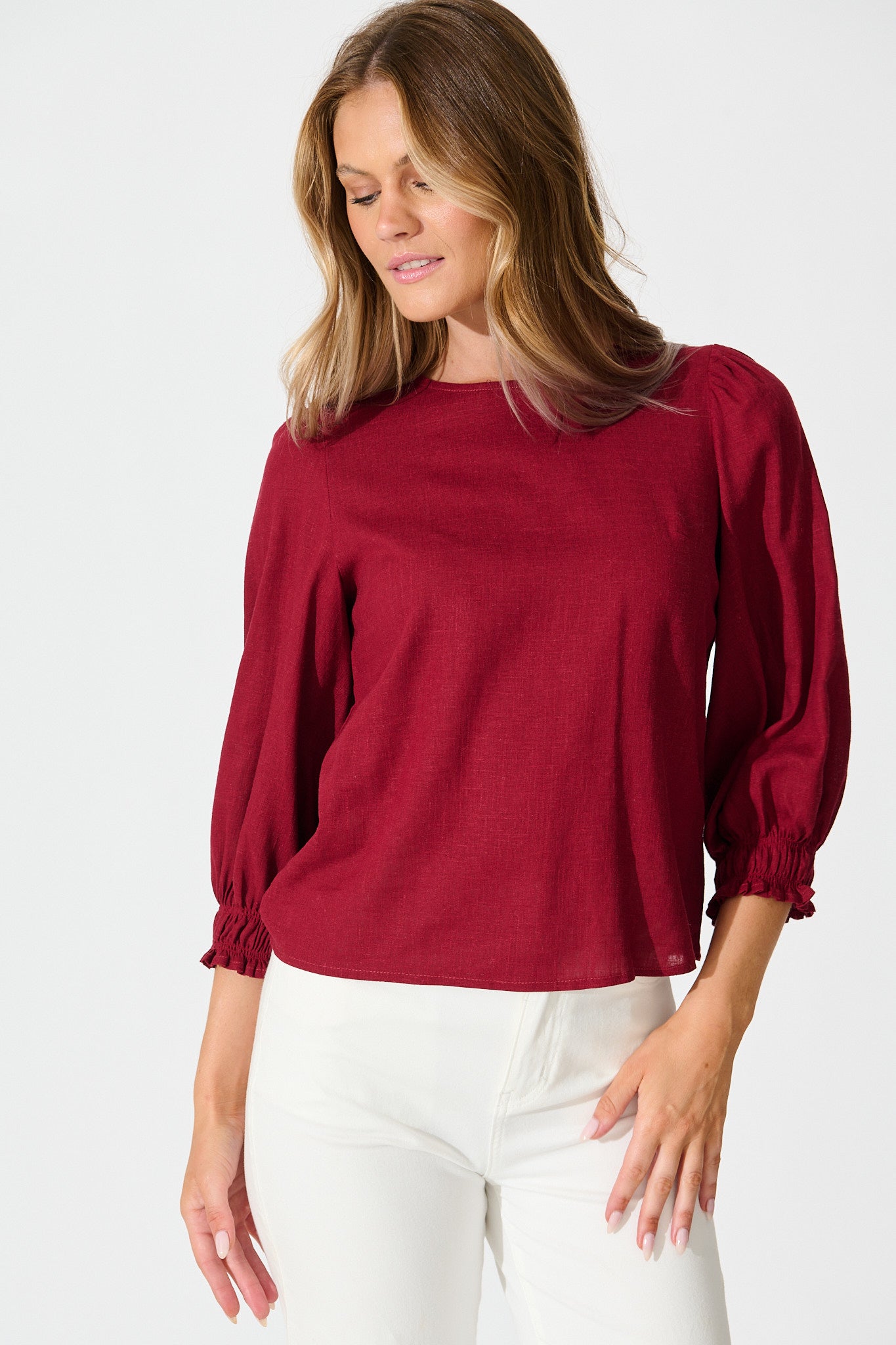 Lanie Top in Wine Cotton Linen