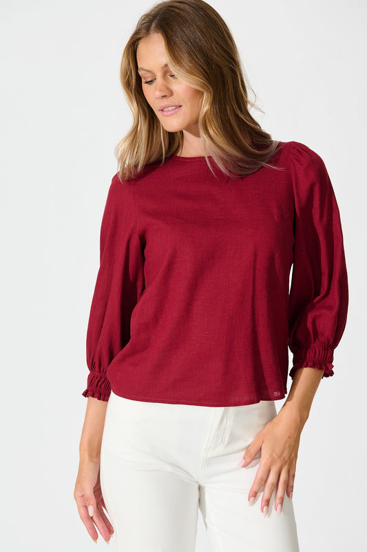 Lanie Top in Wine Cotton Linen
