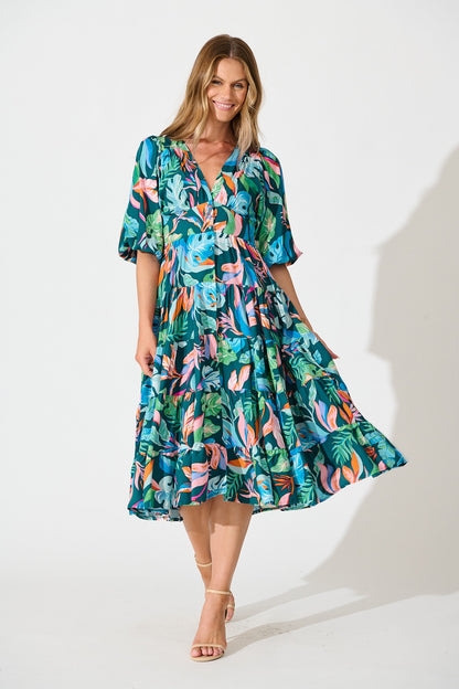 Copenhagen Midi Dress in Teal with Multi Leaf Print
