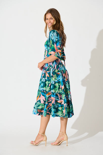 Copenhagen Midi Dress in Teal with Multi Leaf Print
