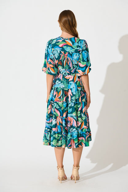 Copenhagen Midi Dress in Teal with Multi Leaf Print