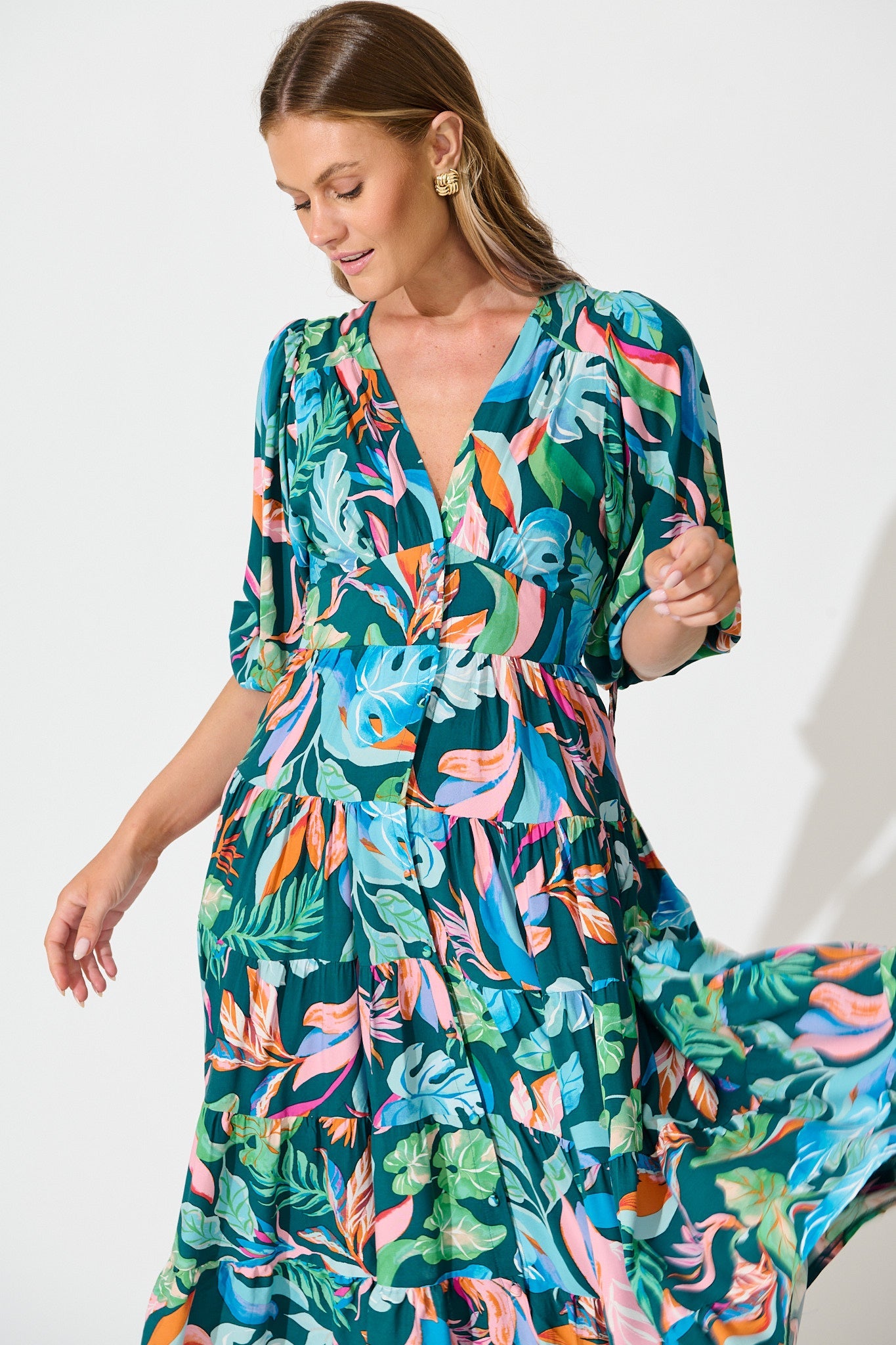 Copenhagen Midi Dress in Teal with Multi Leaf Print