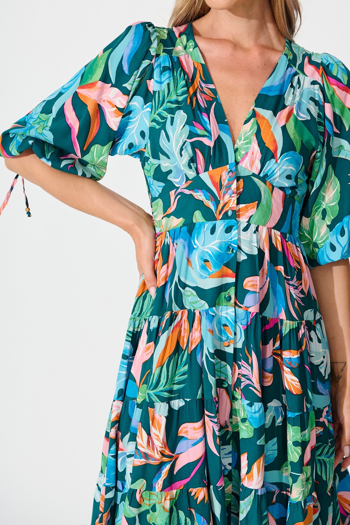 Copenhagen Midi Dress in Teal with Multi Leaf Print
