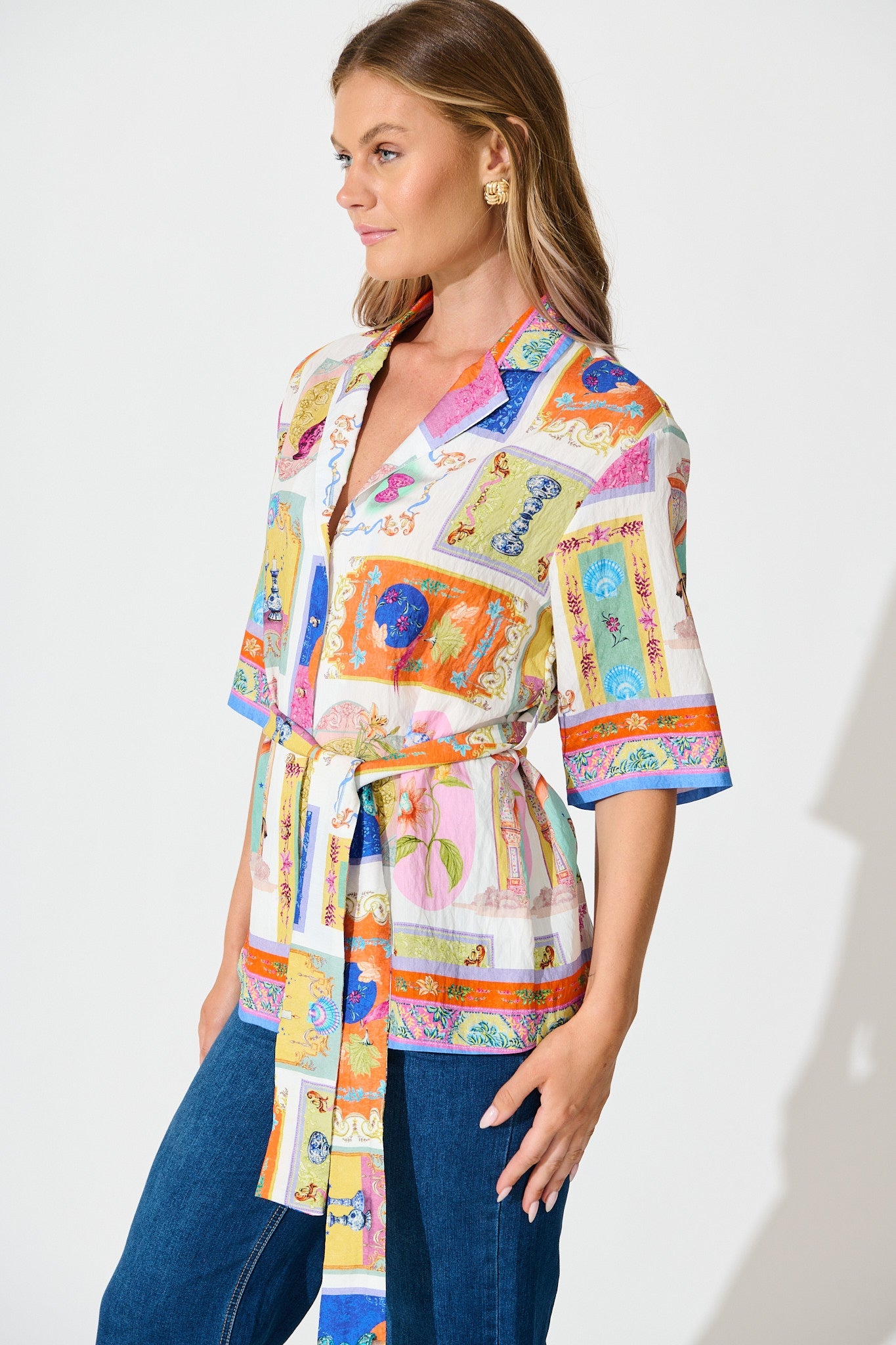 Oasis Shirt in Cream with Multi Conversational Print
