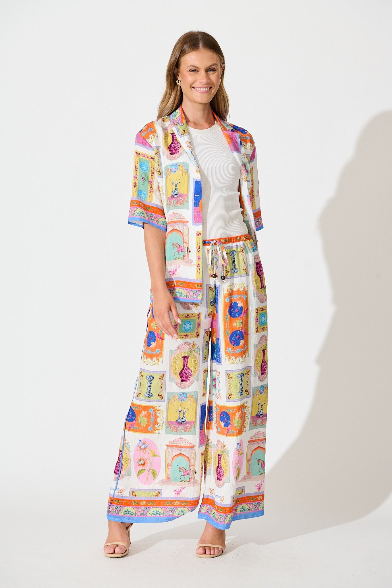 Santana Pant in Cream with Multi Conversational Print