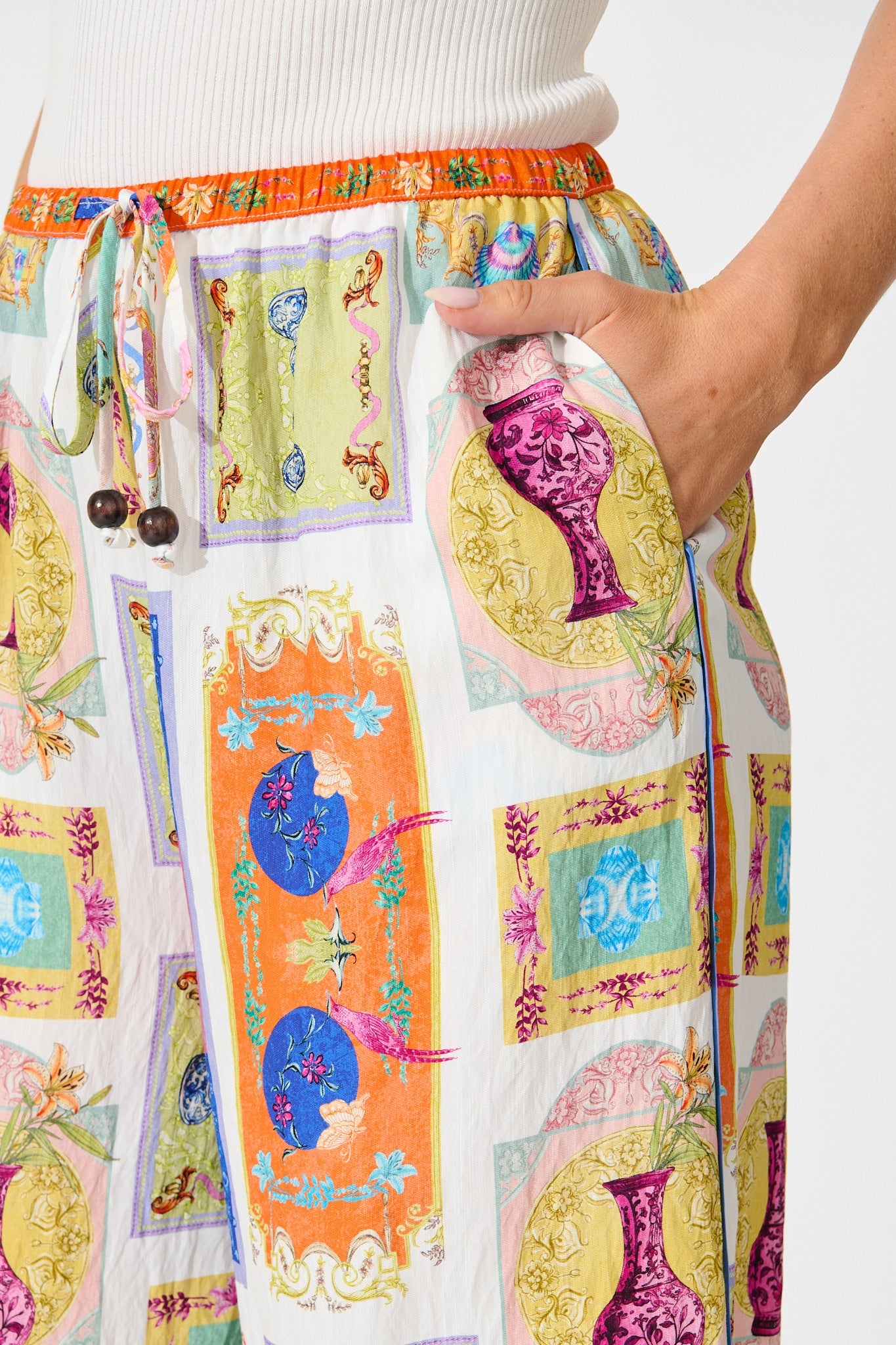 Santana Pant in Cream with Multi Conversational Print