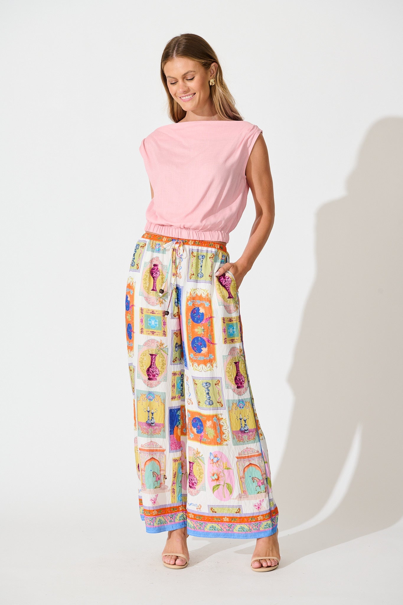 Santana Pant in Cream with Multi Conversational Print